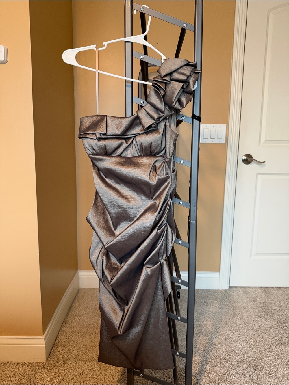 Cache One-Shoulder Metallic Charcoal Gray Evening Dress